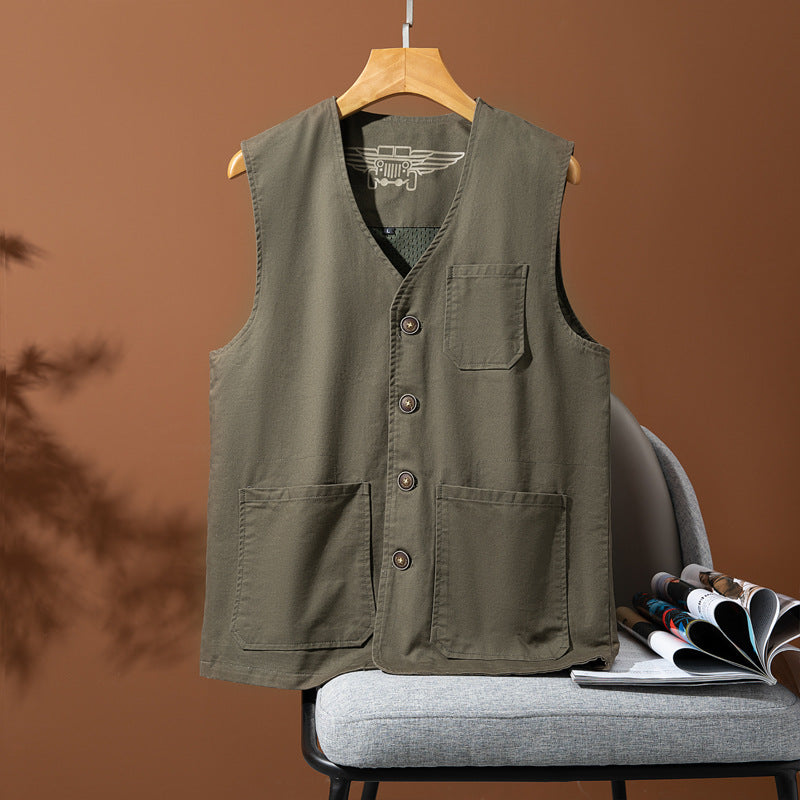 Herren Canvas-Utility-Weste mit Mehrfachtaschen und Knopfleiste EB
