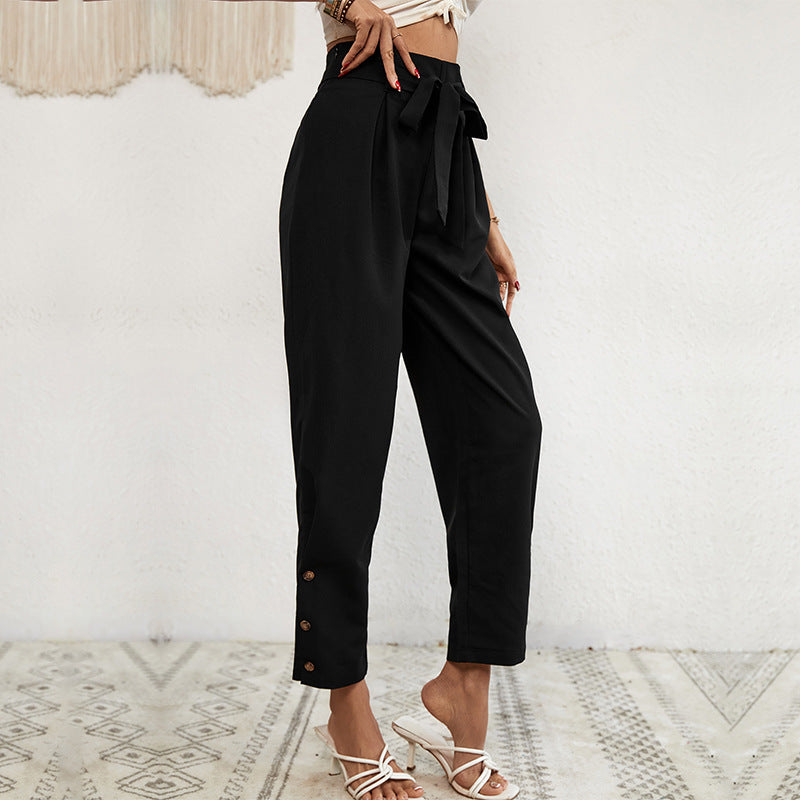 Damen elegante Haremshose mit Binde-Gürtel und Knopfdetails EB