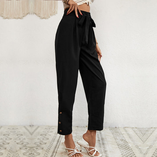 Damen elegante Haremshose mit Binde-Gürtel und Knopfdetails EB