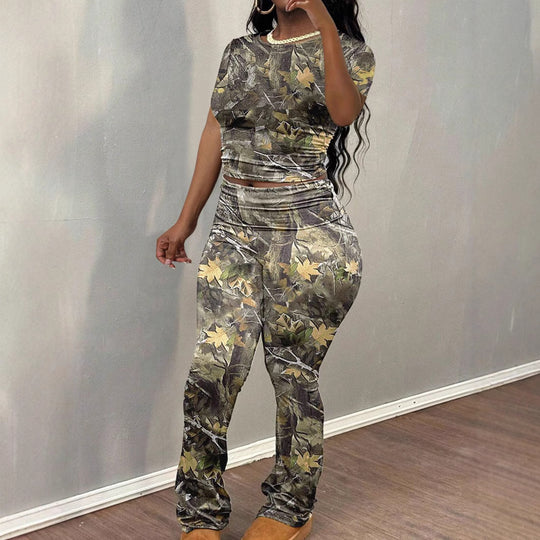 Damen Sportliches Set mit trendigem Camouflage-Muster und elastischem Bund EB