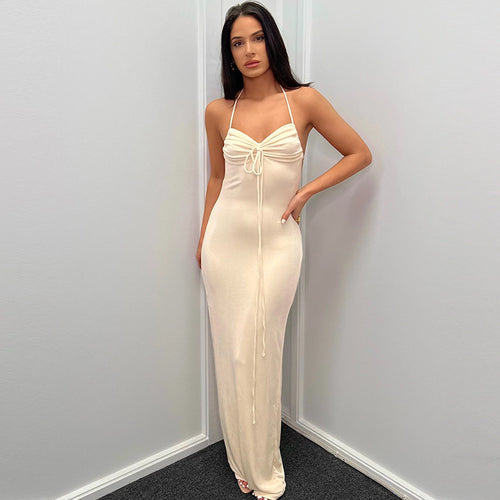 Damen Elegantes Maxikleid mit verstellbaren Spaghetti-Trägern und raffiniertem Kordelzug EB