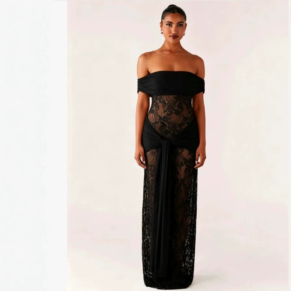 Damen Elegant drapiertes Spitzenkleid mit off-shoulder Design EB