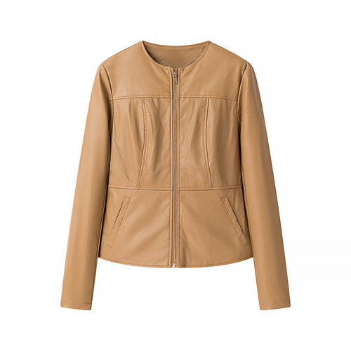 Damen modische Kunstlederjacke mit strukturierter Oberfläche und praktischen Taschen EB
