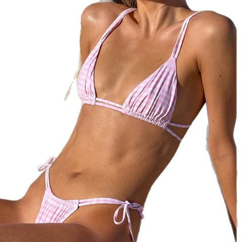 Damen Triangel-Bikini mit anpassbaren Trägern und zartem Karomuster EB