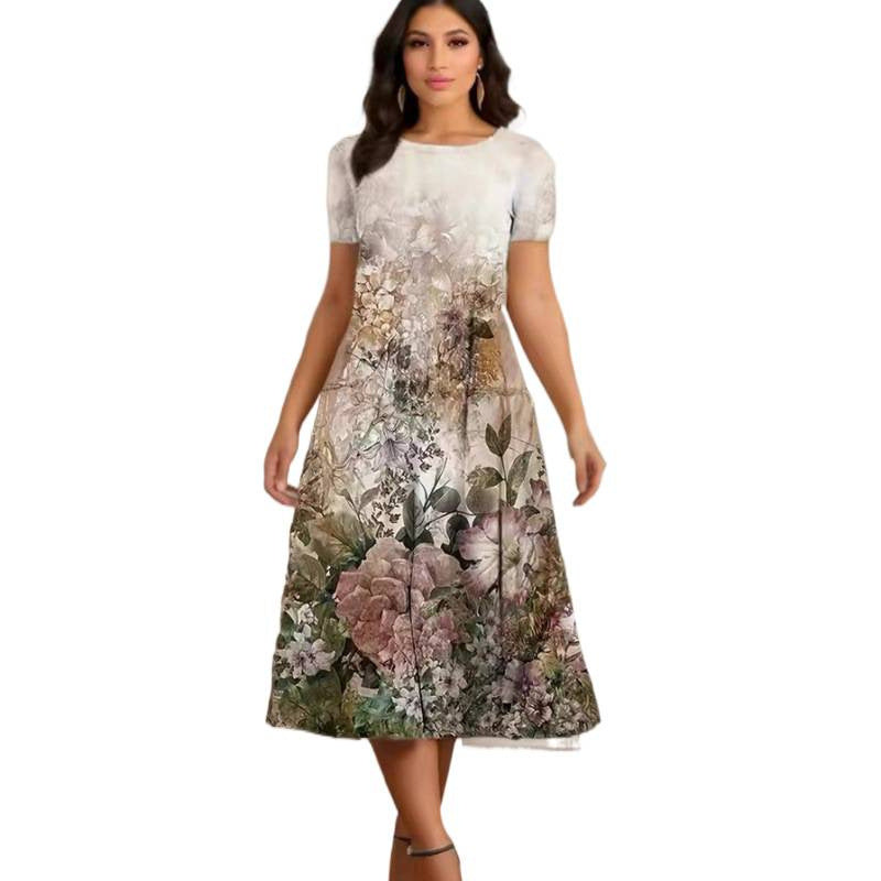 Damen Elegantes Maxikleid mit floralem Design und zartem Rundhalsausschnitt EB
