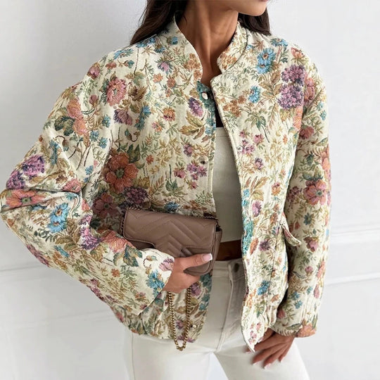 Damen Florale Jacquard-Steppjacke mit Stehkragen und elastischem Saum EB