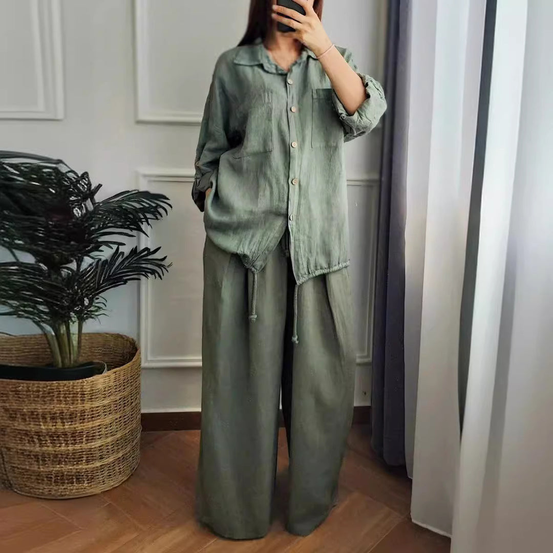 Damen Leinen-Set mit weiten Hosen undlässiger Bluse EB