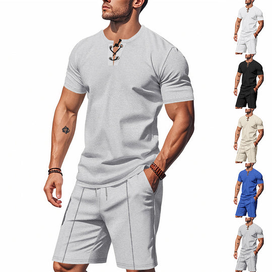 Herren nan kurzärmeliges Schnürkragen-Shirt im Waffeljersey mit Bundfalten-Bermuda EB