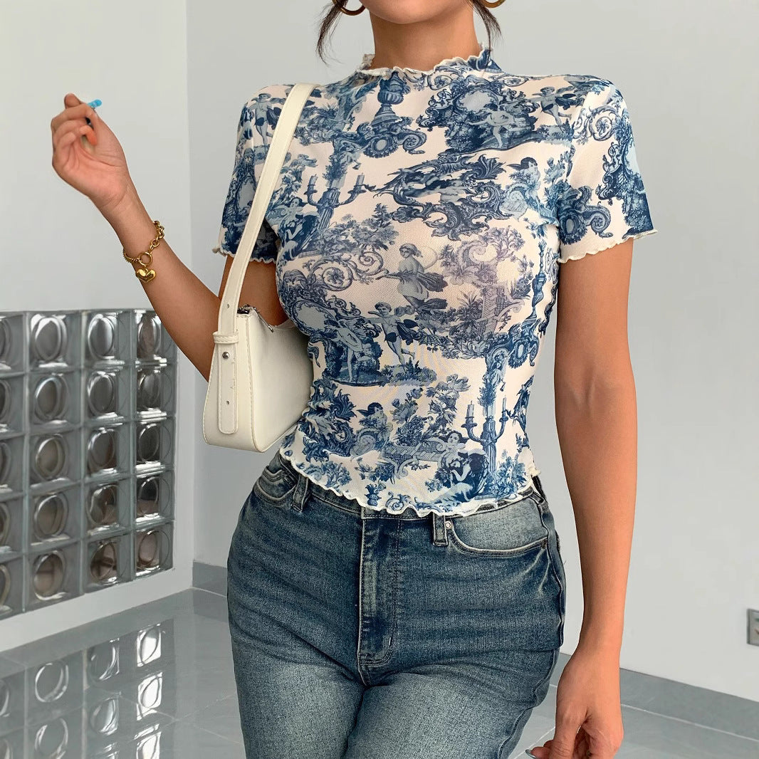 Damen nan figurbetontes kurzärmliges Netzshirt mit Stehkragen und romantischem Landhausdruck EB