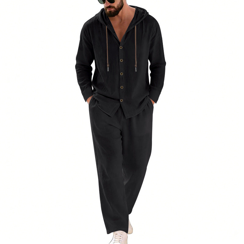 Herren nan legeres Kapuzen-Lounge-Set mit Knopfleiste, Kordelbundhose und seitlichen Eingrifftaschen EB