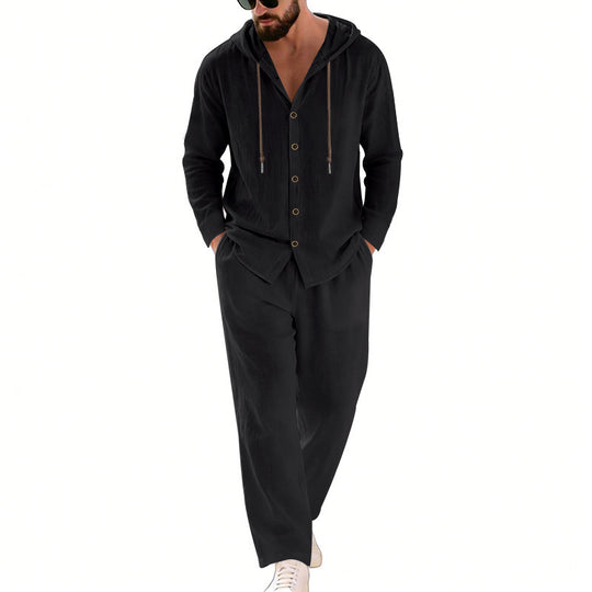 Herren nan legeres Kapuzen-Lounge-Set mit Knopfleiste, Kordelbundhose und seitlichen Eingrifftaschen EB