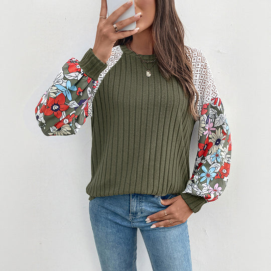 Damen modischer Pullover mit floralem Ärmel-Detail und strukturiertem Stoff EB