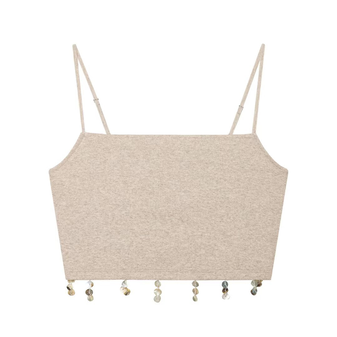 Damen Cropped Top mit zarten Trägerschnüren und funkelndem Saum EB