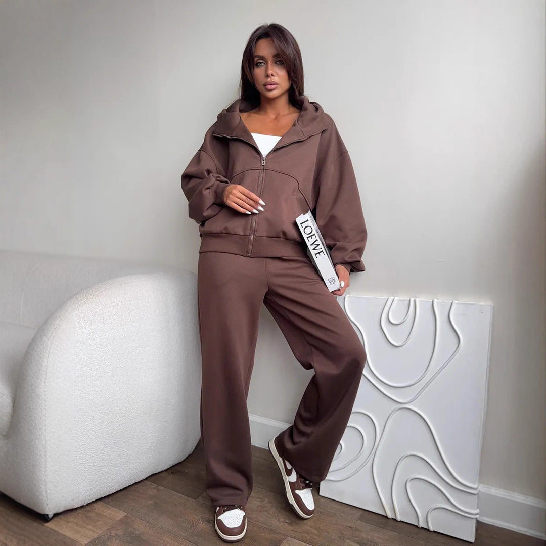Damen Oversized Hoodie-Jacke mit hoher Stehkapuze und gerader Relax-Sweathose EB