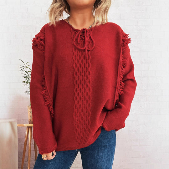 Damen Oversize-Strickpullover mit verspieltem Fransen-Design und Zopfmuster EB