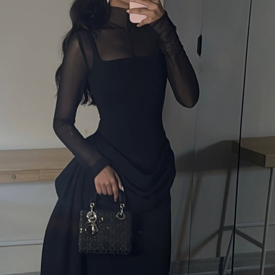 Damen Elegantes Maxikleid mit transparenten Ärmeln und drapiertem Rock EB