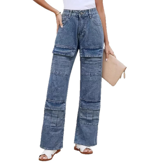 Damen nan High‑Waist Utility-Denimhose mit aufgesetzten Knie-Patches, Cargo‑Taschen und weitem Schlag EB
