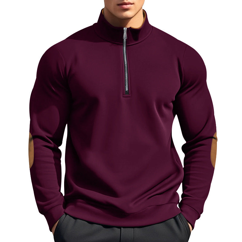 Herren nan halbhoher Zip-Pullover mit Stehkragen, Ellbogen-Patches und modernem Regular Fit EB