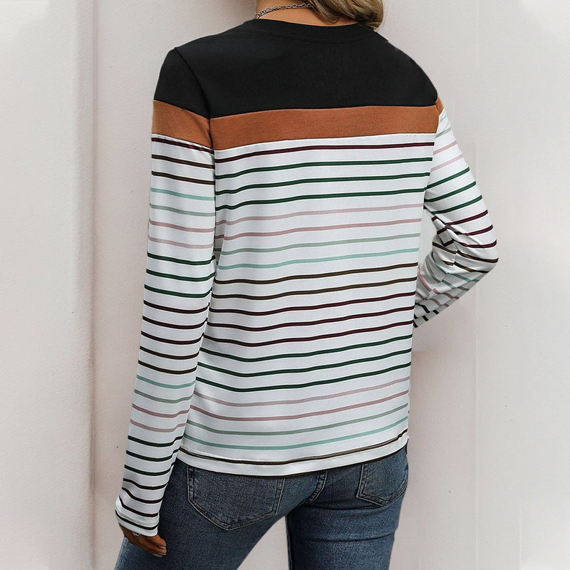 Damen gestreiftes Langarmshirt mit modischem Farbblockdesign EB