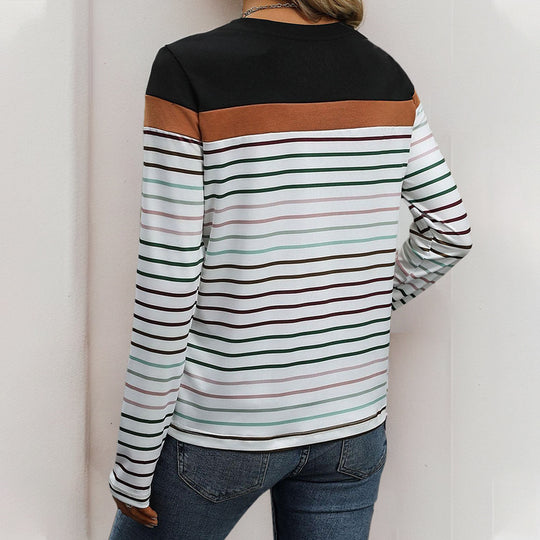 Damen gestreiftes Langarmshirt mit modischem Farbblockdesign EB