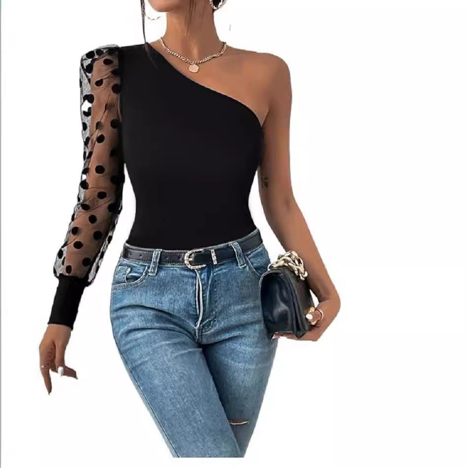 Damen Asymmetrischer Einteiler mit transparentem Puffärmel EB