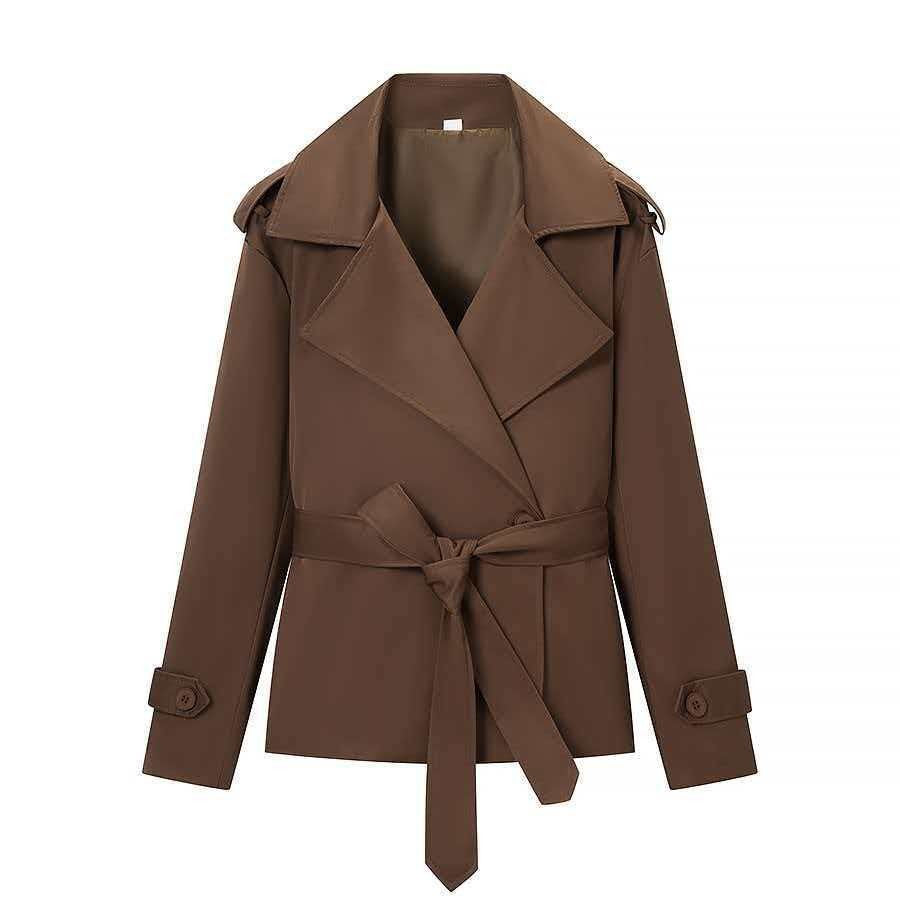 Damen nan kurzer taillierter Trenchcoat mit Bindegürtel, großem Revers und Manschettenriegel EB
