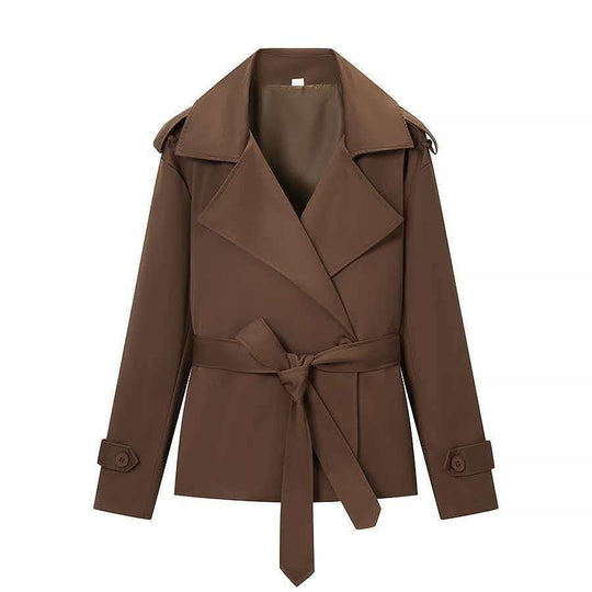Damen nan kurzer taillierter Trenchcoat mit Bindegürtel, großem Revers und Manschettenriegel EB