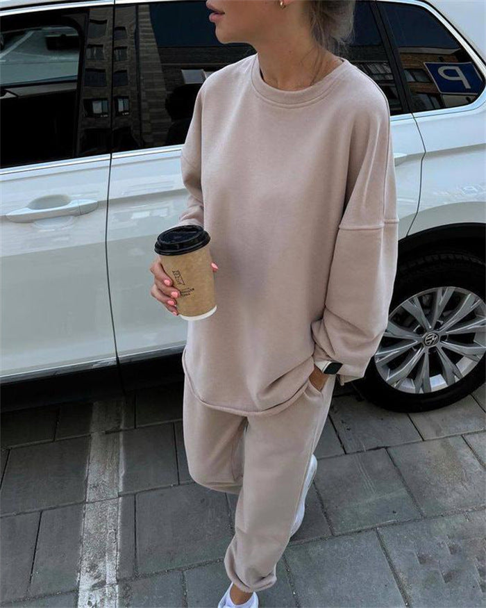 Damen Oversize-Loungewear-Set mit verlängertem Rundhals-Sweater und elastischer Bündchen-Jogginghose EB