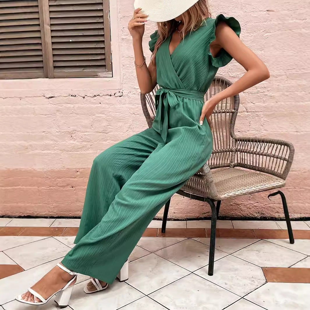 Damen Eleganter Jumpsuit mit Taillengürtel und Rüschendetails EB