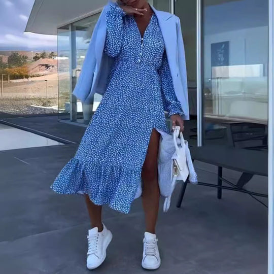 Damen Freizeitkleid mit Rüschensaum und Knopfdetails Heidi-Mode