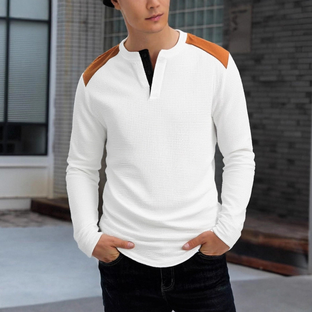 Herren nan strukturiertes Henley-Langarmshirt mit Stehkragen, Schulterpaspel und Waffelstruktur EB