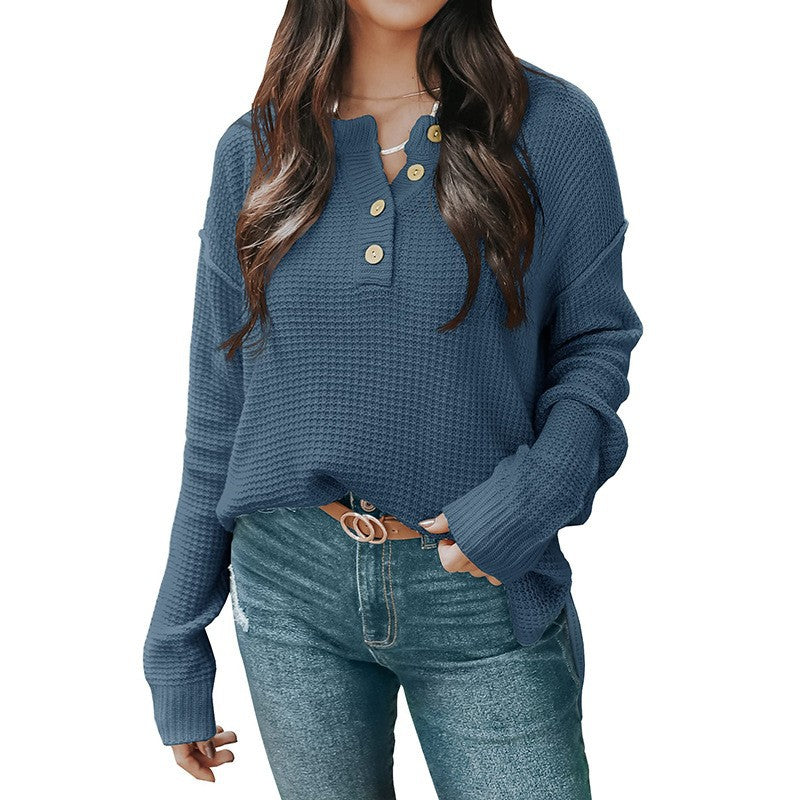 Damen nan lockerer Waffelstruktur Henley Pullover mit Knopfleiste und überschnittener Schulter EB