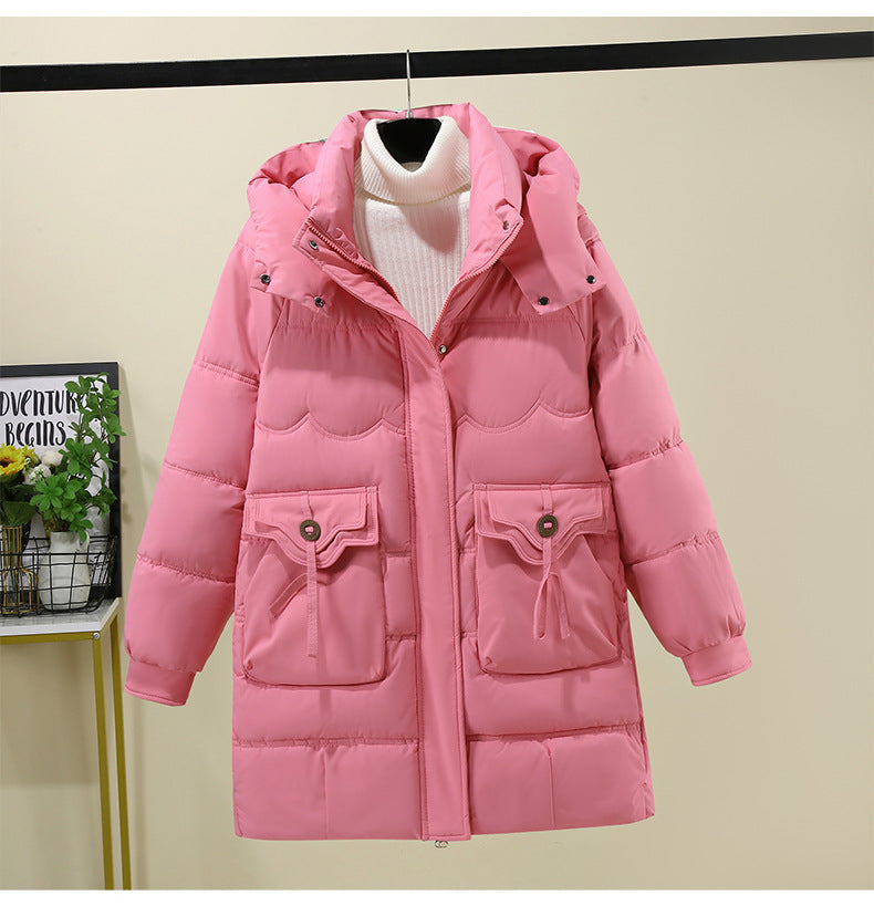 Damen Lange Pufferjacke mit praktischem Kapuzenkragen und großen Taschen EB