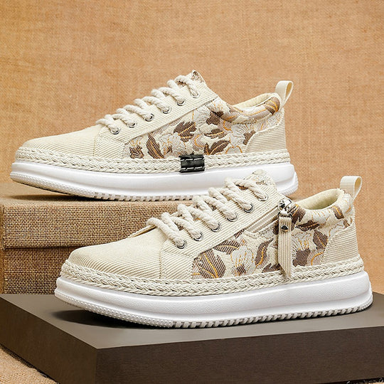 Damen gestickte Espadrille-Plateau-Sneaker mit floralem Jacquard, geflochtener Kordelsohle und gepolstertem Innenfutter EB