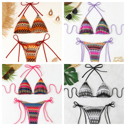 Damen Triangel-Bikini mit fröhlichem Muster und verstellbaren Bändern EB