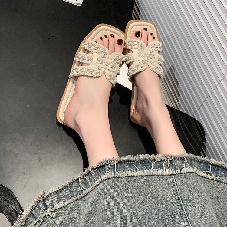 Damen elegante Mules mit Perlenverzierung EB