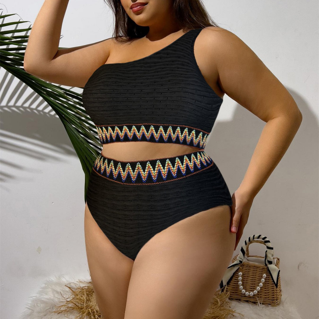Damen Sportlicher Zweiteiliger Badeanzug mit einzigartigem Cut-Out-Design und buntem Bannermuster EB