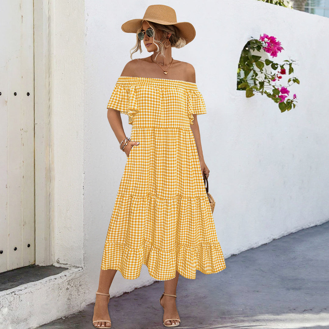 Damen Off-Shoulder Maxikleid mit raffinierten Rüschendetails und lockerer A-Linien-Silhouette EB