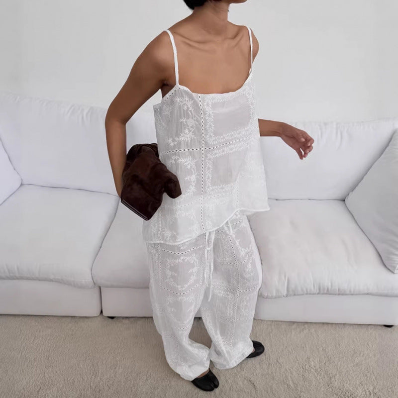 Damen luftiger Lounge-Set mit romantischen Stickereien EB