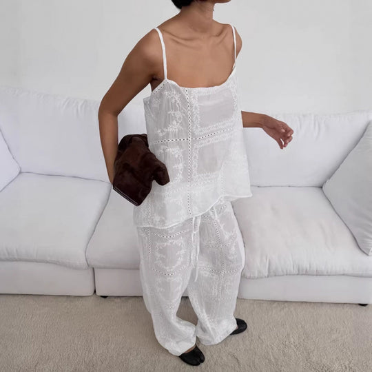 Damen luftiger Lounge-Set mit romantischen Stickereien EB