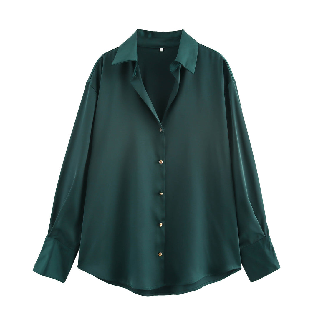 Damen nan oversized Satinbluse mit Hemdkragen, verlängerten Manschetten und abgerundetem Saum EB