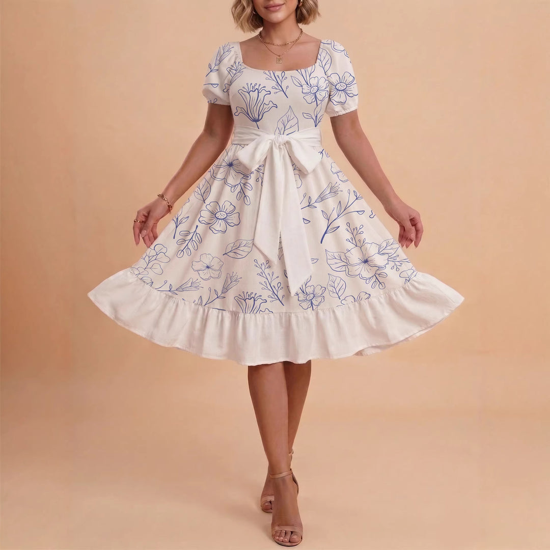 Damen Midi Kleid mit elegantem Blumendruck und tailliertem Gürtel EB