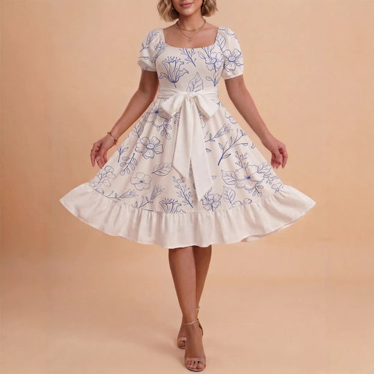 Damen Midi Kleid mit elegantem Blumendruck und tailliertem Gürtel EB