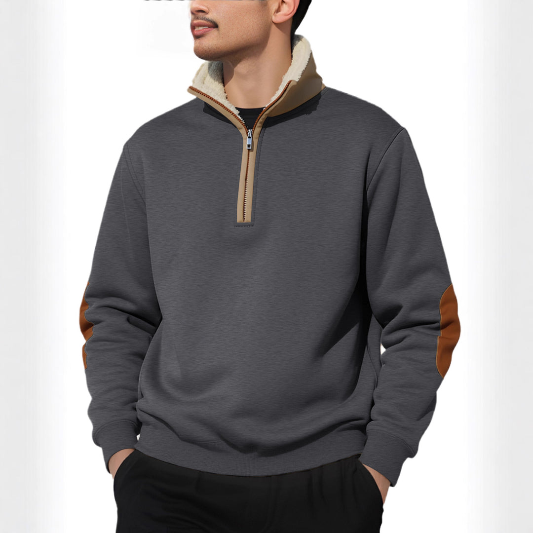 Herren nan legeres Halbzip-Sweatshirt mit Sherpagefüttertem Stehkragen und Kunstleder-Ellenbogenapplikation EB