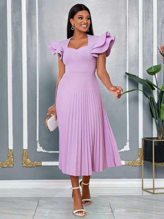 Damen plissiertes Maxikleid mit eleganten Rüschendetails EB