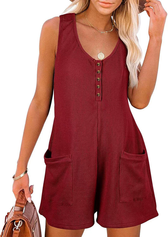 Damen lässiger Kurz-Jumpsuit mit Knopfleiste und Taschen EB