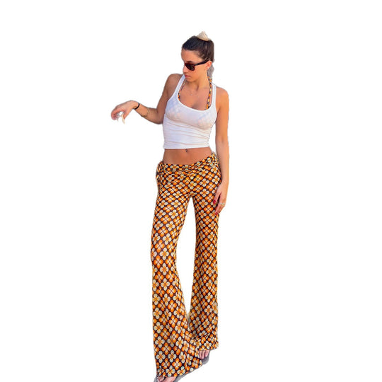 Damen nan ausgestellte Schlaghose mit hoher Taille, seitlichen Kordelzügen und retro Blumenprint EB