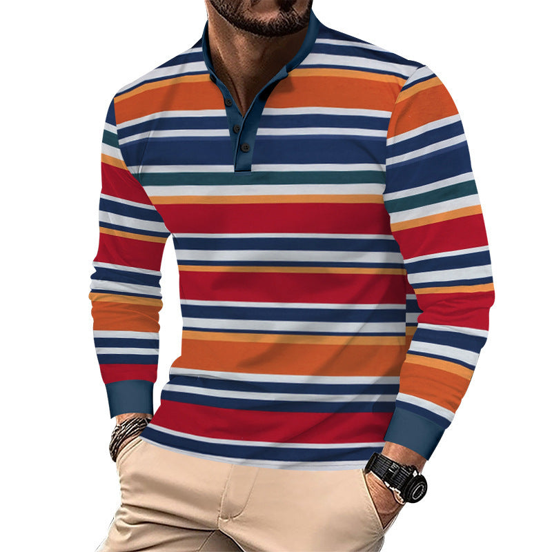 Herren nan gestreiftes Langarm-Henleyshirt mit Stehkragen, schmaler Passform und elastischem Baumwollmix EB