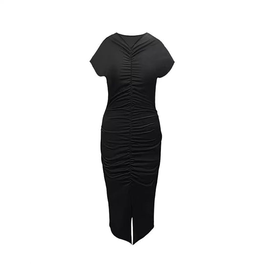 Damen Elegantes Midikleid mit seitlichem Schlitz und raffinierten Falten EB