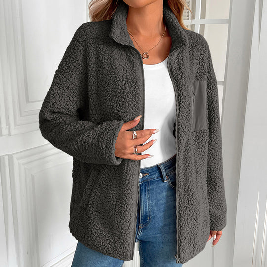 Damen kuschelige Fleecejacke mit hohen Kragen und praktischen Taschen EB